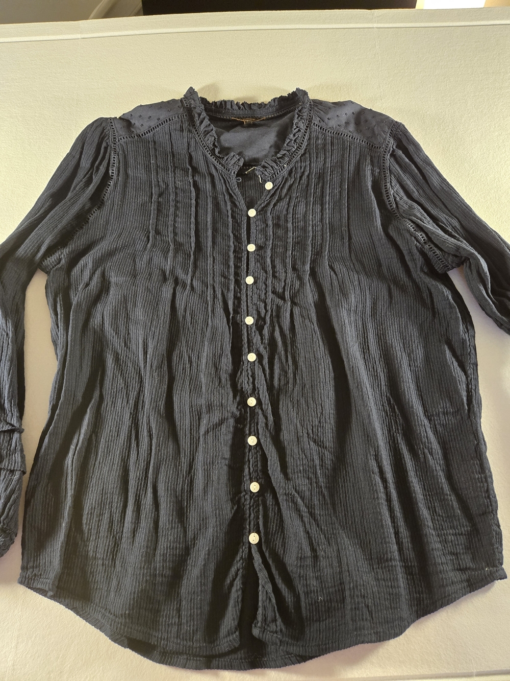 Quince Navy Blue Textured Cotton Peasant Blouse